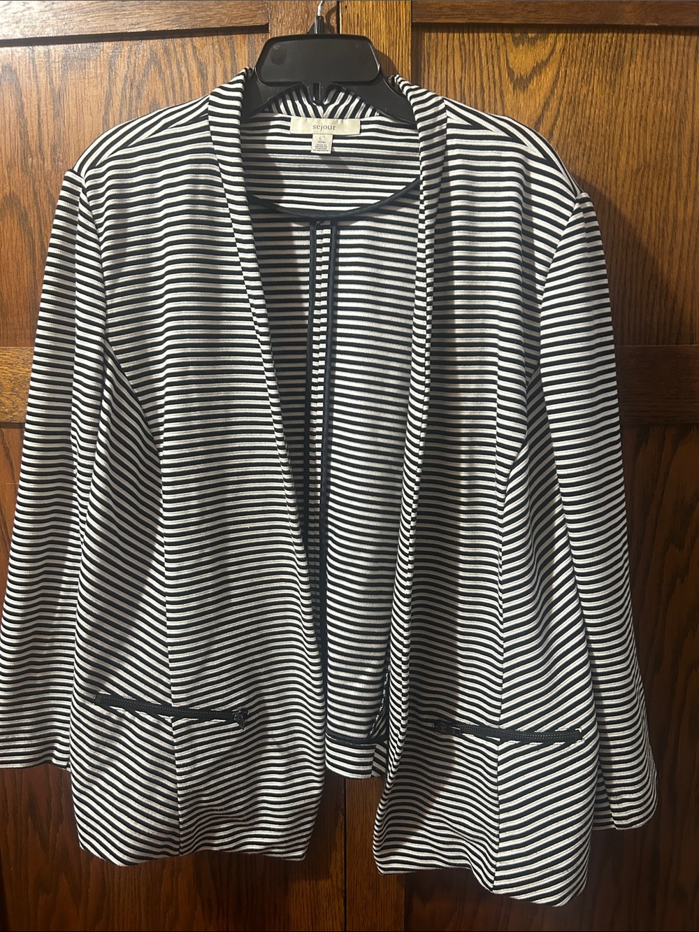 Sejour Black & White Striped Open-Front Blazer